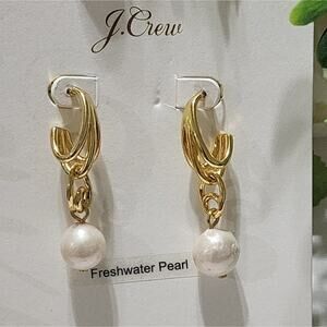 J. Crew Gold Tone Triple Hoop Freshwater Pearl Drop Dangle Earrings New